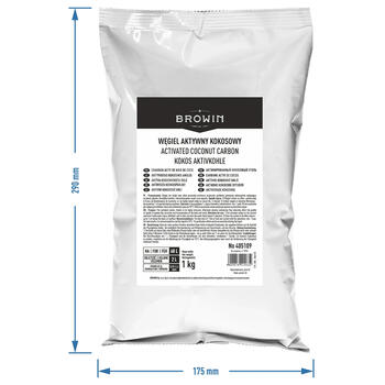 Browin 405109 Aktīvā kokosogles 1 kg, 0,55-2,4 mm, jods >900 mg/g, pelni <3%, 60 L, destilācijai (405109)