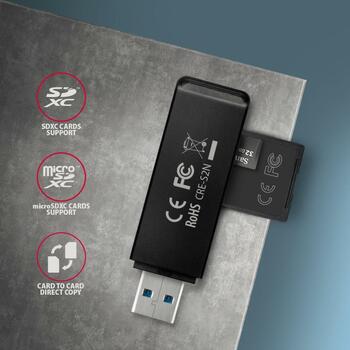 Axagon Читатель карт памяти CRE-S2N USB 3.2 Gen 1, 2 слота, 5000 Mbit/s, поддерживает MicroSD, SD, черный (CRE-S2N)