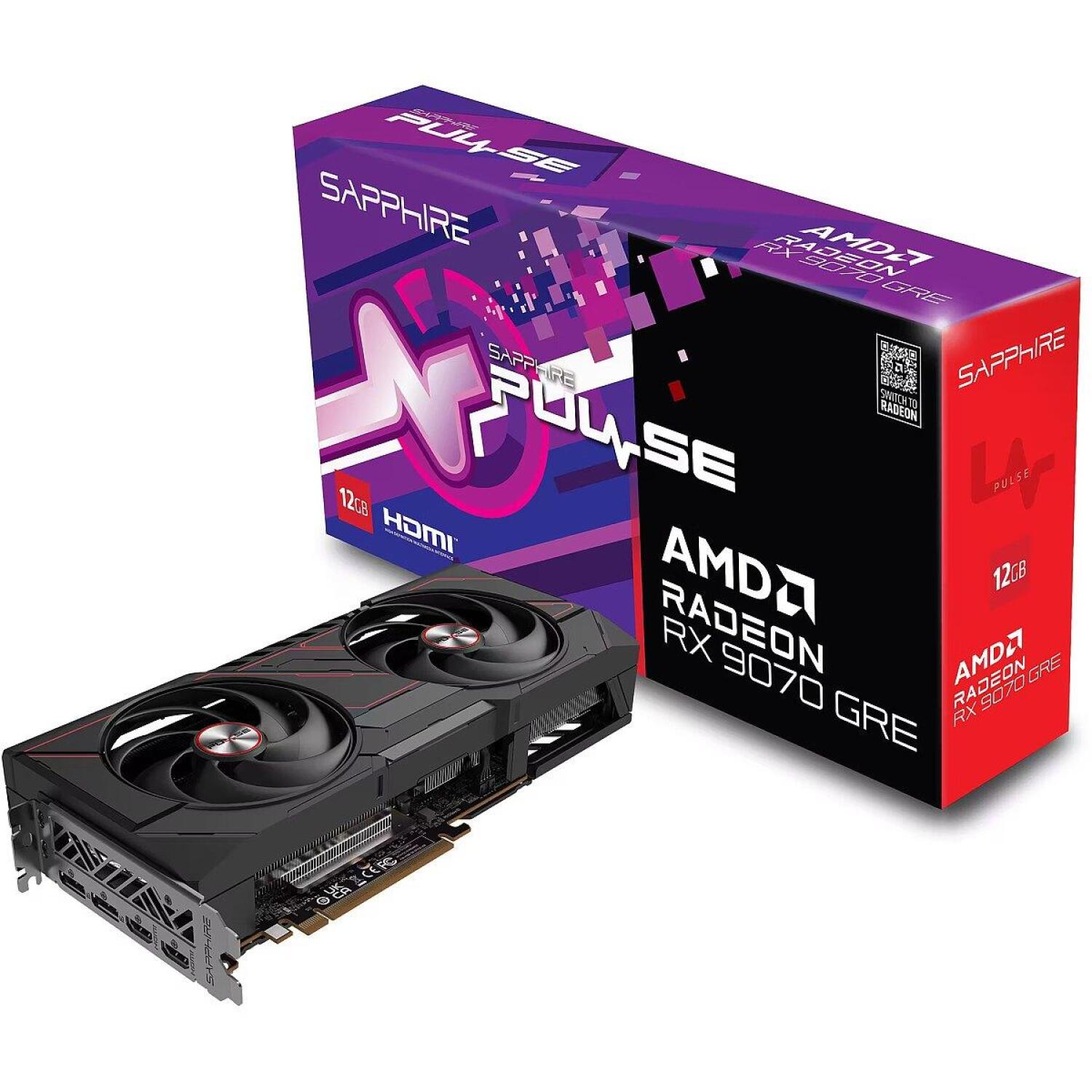 Sapphire PULSE RX 9070 GRE GAM. OC 12GB videokarte, 11354-01-20G, 12GB GDDR6, 192bit, 18Gbit/s, 2xHDMI, 2xDP, PCIe x16 5.0 (11354-01-20G)
