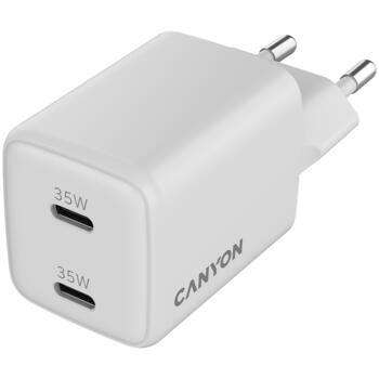 CANYON CU35CC sienas lādētājs viedierīcēm un portatīvajiem datoriem 35W GaN 2xPD USB-C EU CNS-CUW35CC balts (CNS-CUW35CC)