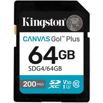 Kingston Canvas Go! Plus SDXC SDG4/64GB, 64 ГБ, 200 МБ/с, 100 МБ/с, UHS-I, U3, V30, Class 10, exFAT (SDG4/64GB)