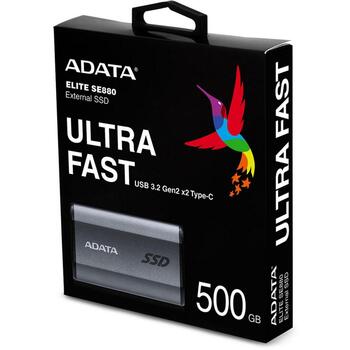 Adata Внешний SSD AELI-SE880-500GCGY 500GB, USB Type-C, 2000MB/s скорость чтения, 2000MB/s скорость записи, серый (AELI-SE880-500GCGY)