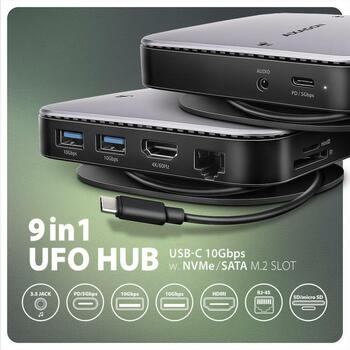 Axagon док-станция HMC-UFO 9в1 USB-C 10Gbps, 1x HDMI, 2x USB-A, 1x USB-C, 1x RJ-45, 3.5 мм аудио, M.2 SSD (HMC-UFO)