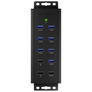Raidsonic USB centrmezgls IB-HUB1703-QC3, 7x USB 3.0, AC 120/230 V, melns, QC 3.0 uzlāde, sienas stiprinājums (IB-HUB1703-QC3)