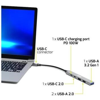 Port Connect USB centrmezgls 900163, 1xUSB-C, 1xUSB-C (jaudas piegāde), 2xUSB-A 2.0, 1xUSB-A 3.2, 100W, alumīnija korpuss (900163)