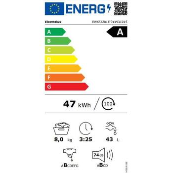 Electrolux стиральная машина EW6F2281E, 8кг, 1200 об/мин, 43л, 47кВтч/100 циклов, A, белый, сенсорное управление, дисплей (EW6F2281E)