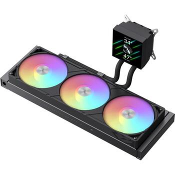 Gamemax procesora šķidruma dzesētājs GLACIER 360 LCD BK, 85.82 cfm, 800-2000 rpm, TDP līdz 330W, ARGB ventilators (GLACIER 360 LCD BK)