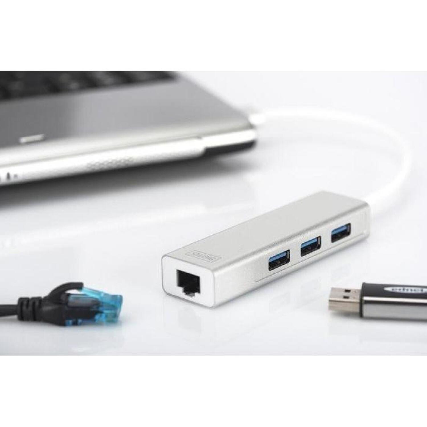 Digitus USB концентратор DA-70250-1, 3x USB 3.0 A, 1x RJ-45 10/100/1000 Mbps, 1x USB A, IEEE 802.3, WOL, Auto MDIX, белый (DA-70250-1)