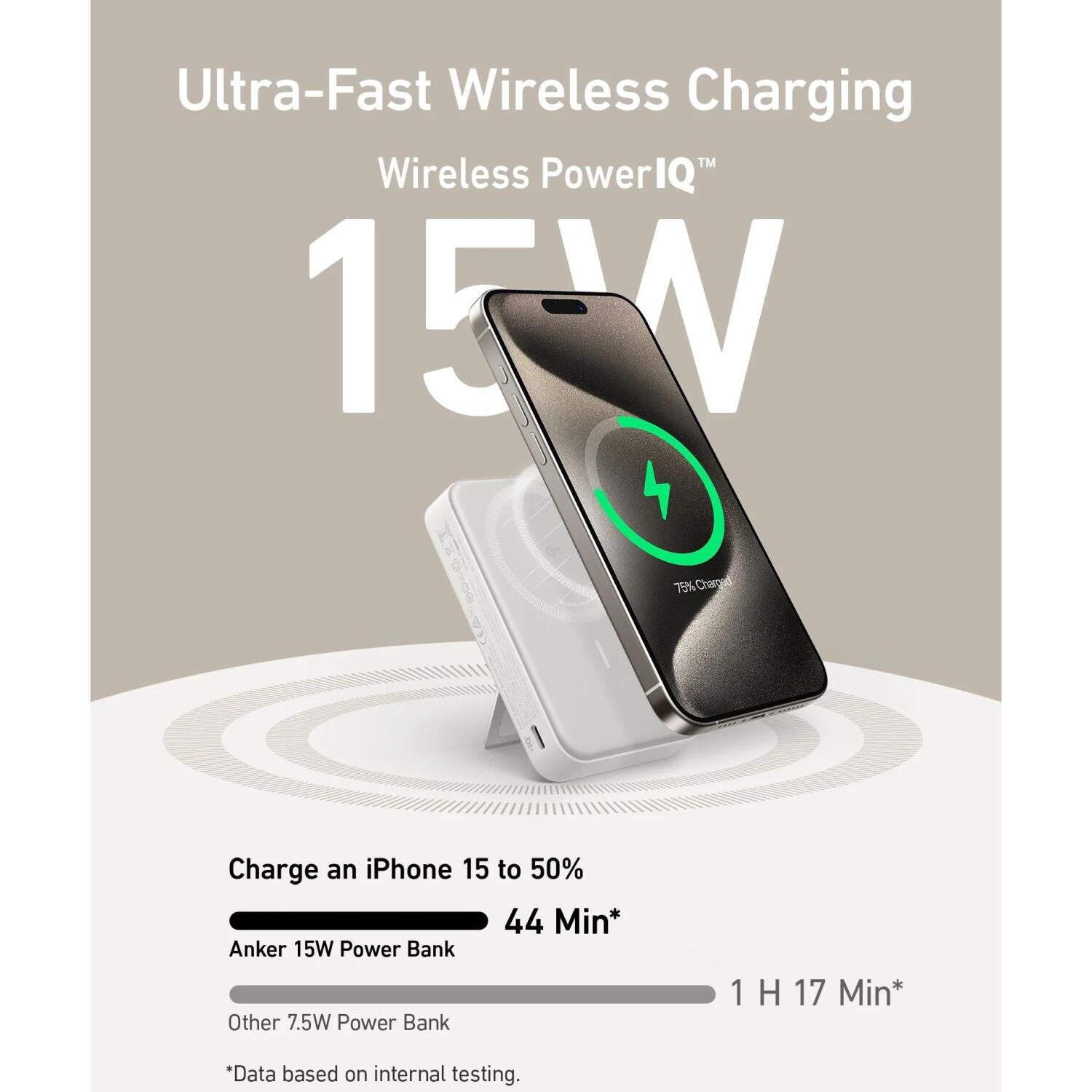 Anker MagGo Power Bank A1654G21, 10000 мАч, 15 Вт, белый, Qi2, ЖК-дисплей, Wireless Power IQ (A1654G21)