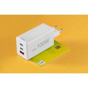Hama зарядное устройство 001251400000, 100W, GaN, PD, QC 2.0, QC 3.0, 2x USB-C, 1x USB-A, 100-240V, белый, универсальное (001251400000)
