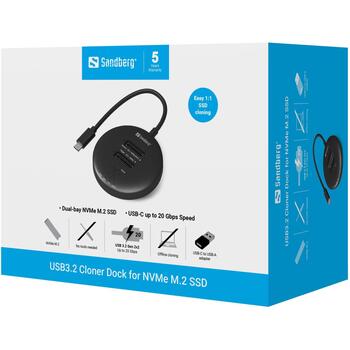 Sandberg Клонирующий док 136-72, USB3.2 Gen2, 20 Gb/s, NVMe M.2, 8 TB, LED индикаторы, функция клонирования (136-72)
