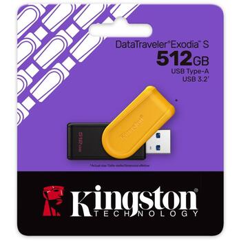 Kingston USB флешка DTXS/512GB, 512 ГБ, USB Type-A, черный/желтый, поворотный, совместим с Windows, macOS, Linux (DTXS/512GB)
