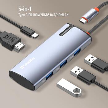 Colorway 5-в-1 док-станция CW-HUB01, DC 5V⎓3A/15V⎓3A/20V⎓5A, 100W, 1xUSB C, 1xHDMI, 3xUSB A 3.0 (CW-HUB01)