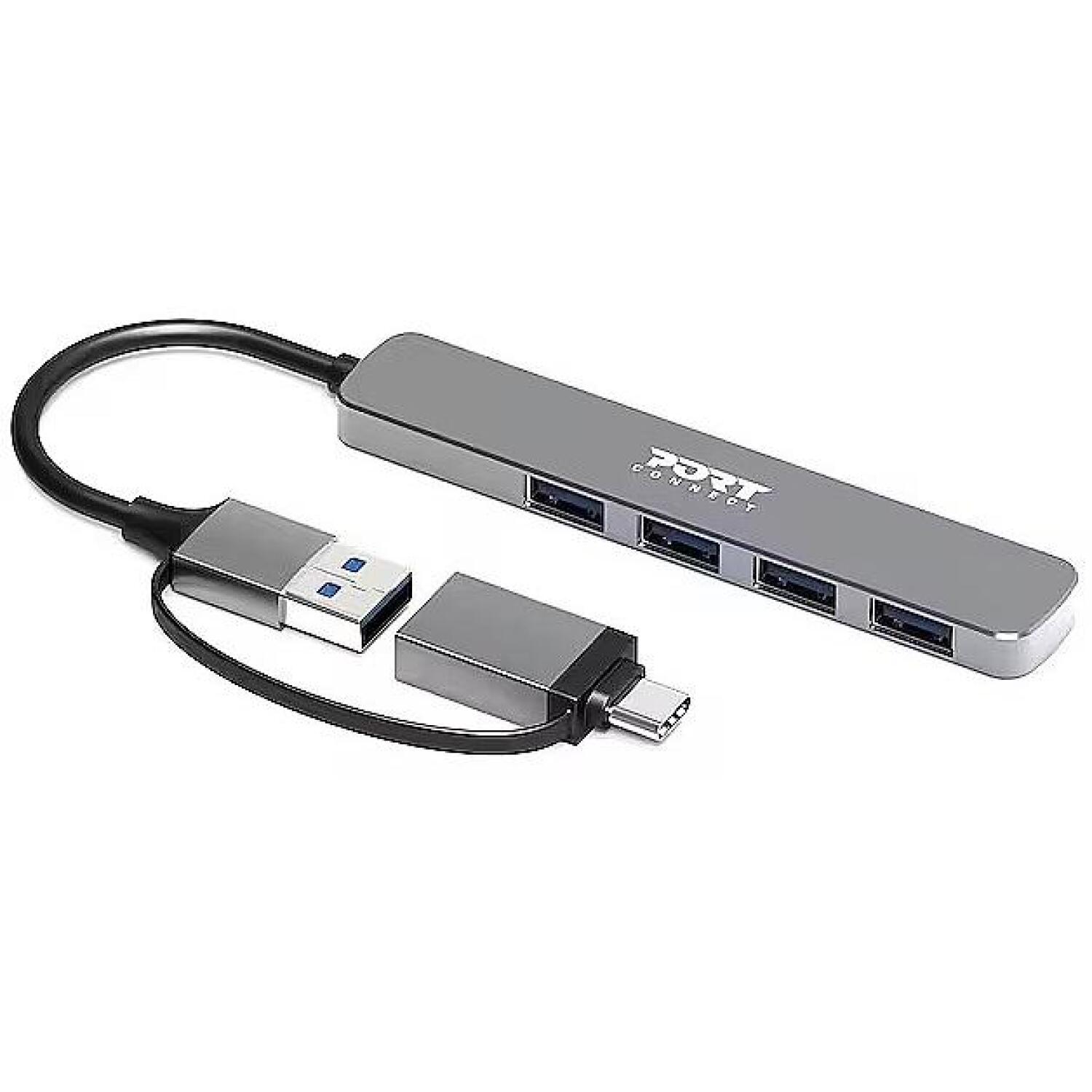 Port Connect USB-хаб 900161, 4x USB-A 3.0, 5 Гбит/с, USB-C/USB-A, алюминиевый корпус, MacOS, Windows (900161)