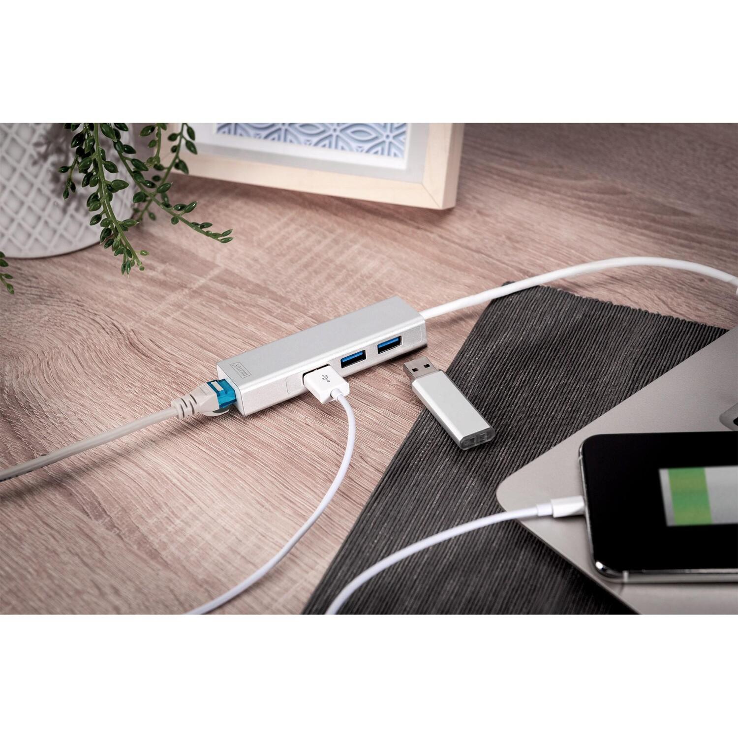 Digitus USB концентратор DA-70250-1, 3x USB 3.0 A, 1x RJ-45 10/100/1000 Mbps, 1x USB A, IEEE 802.3, WOL, Auto MDIX, белый (DA-70250-1)