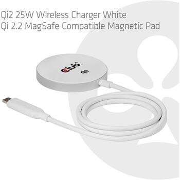 Club3D Lādētājs CAC-3026 Qi2 25W Bezvadu Lādētājs Balts Qi 2.2 MagSafe Saderīgs Magnētiskais Paliktnis, 1m USB-C kabelis, 1 ierīce (CAC-3026)