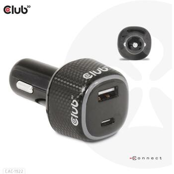 Club3D Зарядное устройство CAC-1922 63W, 12-24V, 1xUSB Type-A 18W, 1xUSB Type-C 45W, OCP, OVP, SCP, OTP, Черный (CAC-1922)