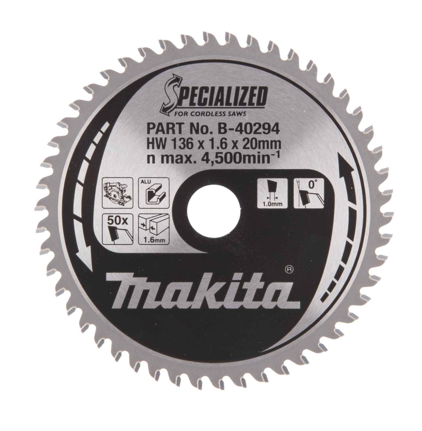 Makita zāģripa B-40294, 136mm, 20mm, 1,6mm, 50 zobi, 0°, alumīnijam (B-40294)