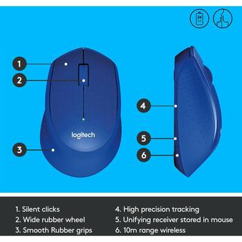 Logitech USB оптическая мышь M330 SILENT PLUS 910-004910, 1000 DPI, 10м беспроводная, 3 кнопки, AA батарея, синяя (910-004910)