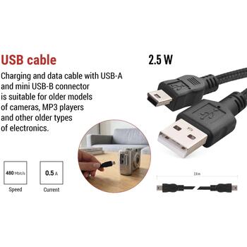 Emos Кабель для зарядки и передачи данных SM7009BL, 2м, черный, USB 2.0 A/Mini B, 2.5W, 0.5A, 480Mbit/s (SM7009BL)