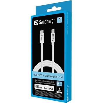 Sandberg USB кабель 136-58, 1м, USB 3.1 Gen 1, белый, 5000Mbit/s, USB-C Male, Lightning Male, Quick Charge (136-58)