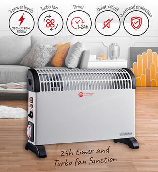 Efektīvs konvektora sildītājs ar taimeri un turbo ventilatoru 2000 W 3 jaudas līmeņi līdz 24 m² balts MS7741w Mesko (MS 7741 white)