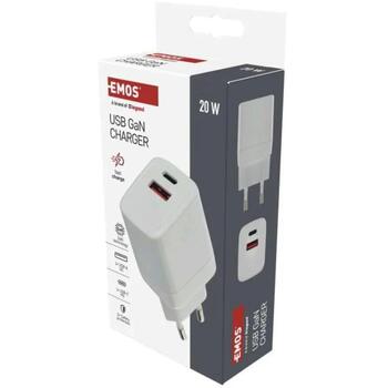Emos Универсальное USB настенное зарядное устройство GaN V02G20, 20 Вт, 100-240 В, 2xUSB, быстрая зарядка, защита от перегрузки (V02G20)