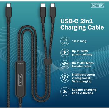 Digitus USB-C кабель для зарядки AK-300170-018-S, 1.8м, 140Вт, 5А, черный, плетеный, USB PD 3.1 (AK-300170-018-S)