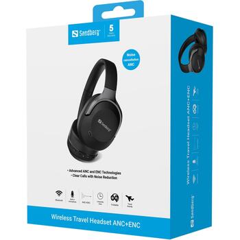 Sandberg Bezvadu ceļojumu austiņas 126-53, 228g, Melna, 32Ω, 20Hz-20KHz, 30h akumulatora darbības laiks, Bluetooth, ANC, ENC (126-53)