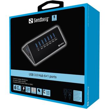 Sandberg USB centrmezgls 133-82, 6xUSB 3.0 A, 1xUSB A uzlādei 2,4A, 230V AC, 12V/3A, 7 porti (133-82)