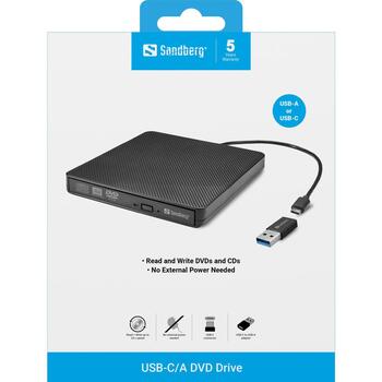 Sandberg 136-62 USB-C/A DVD-привод, DVD Super Multi DL, USB-C, лоток, черный, CD-R/RW, DVD±R/RW, DVD-RAM (136-62)