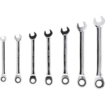 Yato kombinēto sprūdrata atslēgu komplekts YT-0208, 7 gab, 10-19 mm, CrV 6140, 72 zobi, 42-49 HRC, AS-Drive, pulēts, hromēts, 5 ˚ (YT-0208)