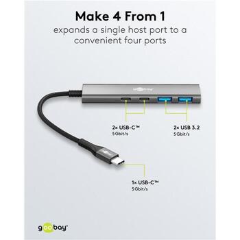 Goobay USB centrmezgls, 76563, 2 x USB 3.2 + 2 x USB-C 3.2, 5 Gbit/s, alumīnija/plastmasas korpuss, plāns dizains (76563)