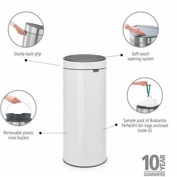 Brabantia Touch Bin мусорное ведро 115141, 30 л, 29,5 см, 72 см, нержавеющая сталь, сенсорная крышка, съемная корзина (115141)