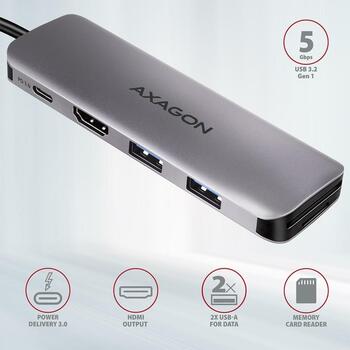 Axagon док-станция HMC-5 USB 3.2, 2x USB-A, 1x USB-C, 1x HDMI, 5Gb/s, 100W PD, 110 x 35 x 12.5 mm (HMC-5)