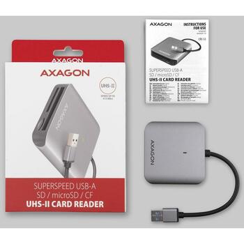 Axagon Читатель карт памяти CRE-S3 USB 3.2 Gen 1 3-слотовый, 5000 Мбит/с, поддерживает CF, SD, microSD, MMC, алюминий, серый (CRE-S3)