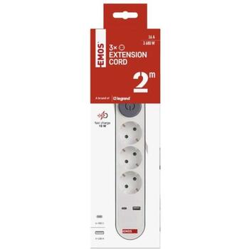 Emos Удлинитель P1322PD, 2м, 3× 2P + PE, 3680W, 1× USB-A, 1× USB-C, выключатель, защита от детей (P1322PD)