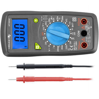 Hogert HT1E602 цифровой универсальный мультиметр, 600В AC/DC, 10А DC, 2МОм, ЖК-дисплей, фиксация данных, обнаружение LIVE (HT1E602)
