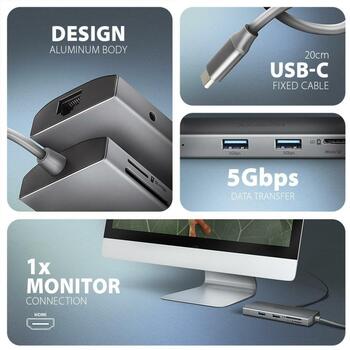 Axagon док-станция HMC-8HLSA 9в1 5Гбит/с, 3x USB 5Гбит/с, 1x USB 480Мбит/с, 1x HDMI, 1x RJ45, 1x аудио, 1x SD, 1x microSD (HMC-8HLSA)