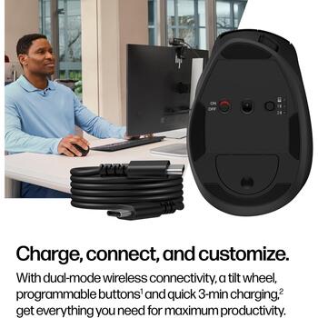 HP эргономичная мышь Tilt 725M BH0Z5AA#ABB, 6000 DPI, 7 кнопок, RF беспроводная + Bluetooth, 2.4 ГГц, 10 м, тихий клик (BH0Z5AA#ABB)