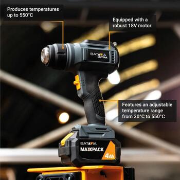 Batavia karstā gaisa pistole BT-HG012 7064919, 18V, 30-550°C, 120-200 l/min, digitālais LCD displejs, bezvadu, ergonomisks (7064919)