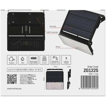 Emos SOLO проектор ZG122S, 1600 лм, 3,7 В, IP54, PIR датчик, 100°, 6 м, Li-Ion 3600 мАч, нейтральный белый (ZG122S)