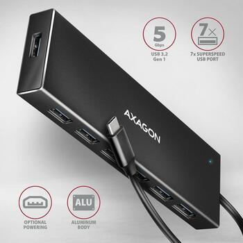 Axagon USB centrmezgls HUE-F7C USB 3.2 7 porti, 30 cm kabelis, alumīnija korpuss, Hot Plug, Plug and Play (HUE-F7C)