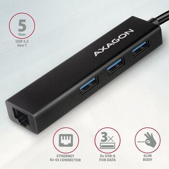 Axagon USB centrmezgls HMC-GL3A 3x USB 3.2, 1x RJ-45, 20 cm strāvas kabelis, alumīnija korpuss (HMC-GL3A)