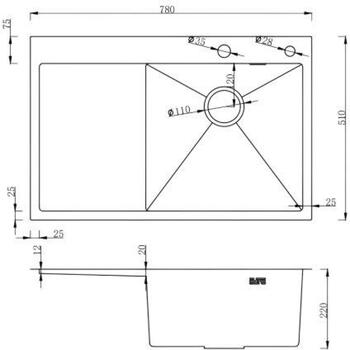 Ab Раковина NT 9134542, 780x510mm, 200mm, 110mm, сифоны, нержавеющая сталь, справа, сатин (9134542)