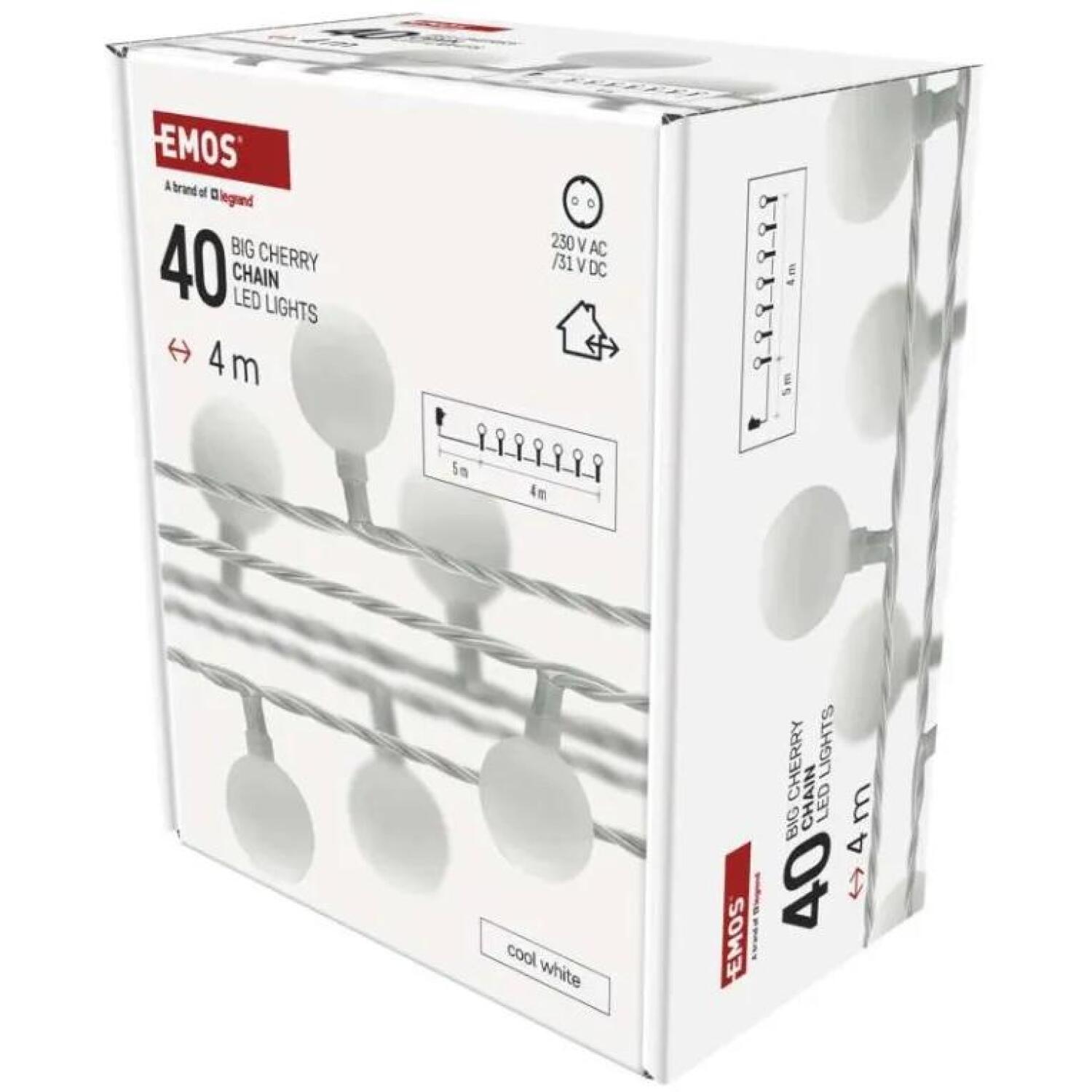 Emos Рождественская гирлянда D5AC01, 4 м, 40 LED, 3,6 Вт, IP44, холодный белый, 10 000 ч, 5 м длина кабеля (D5AC01)