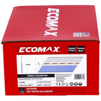 Ecomax гвозди для гвоздезабивного пистолета EMNA342965HDSMD&EMX, 65x2,9мм, 2000 шт, 34°, горячеоцинкованные, гладкие (EMNA342965HDSMD&EMX)