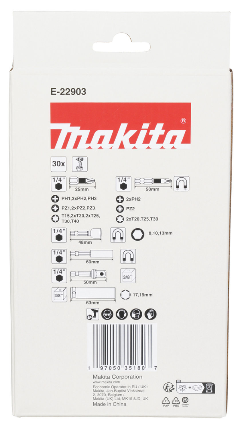 Makita Набор бит для отвертки E-22903, 30 шт, 1/4