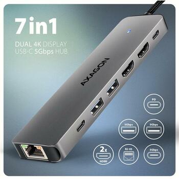 Axagon USB centrmezgls HMC-7HX2 7in1, 2x HDMI, 1x RJ-45, 2x USB 5Gbps, 1x USB-C, 15 cm strāvas kabelis (HMC-7HX2)