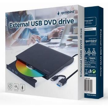 Gembird Внешний DVD-привод DVD-USB-031, USB Type-C, 8x скорость записи DVD, 24x скорость записи CD, черный, тихая работа (DVD-USB-031)